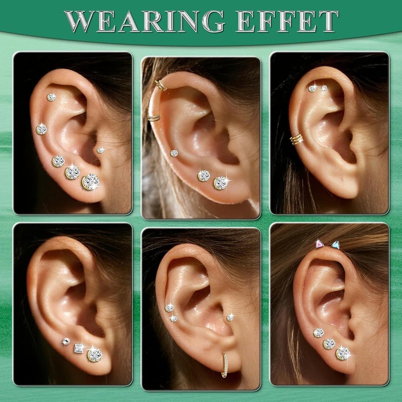 AMASIS Stud Earrings for Women Men, Hypoallergenic Women's 14K Gold Plated 316L Stainless Steel CZ Studs Earrings Simulated Diamond Round Cubic Zirconia Ear Stud Set - Image 3